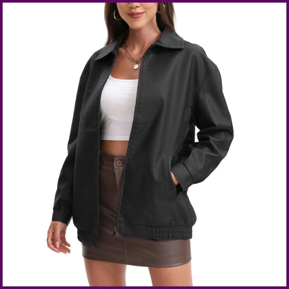 Oversized Faux Leather Motorcycle Jacket Loose Fit Zip Up Fall Fashion